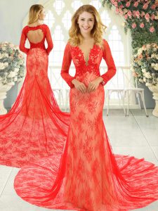 Red Long Sleeves Court Train Lace