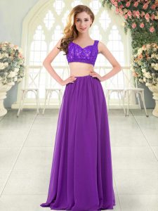 Purple Sleeveless Beading and Lace Floor Length Prom Evening Gown