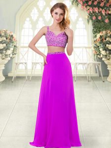 Sexy Purple Sleeveless Beading Floor Length Evening Dress