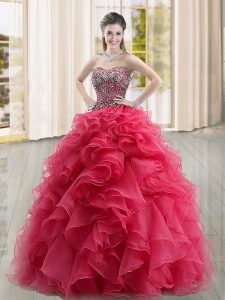 Coral Red Ball Gowns Organza Sweetheart Sleeveless Beading and Ruffles Floor Length Lace Up Sweet 16 Dress