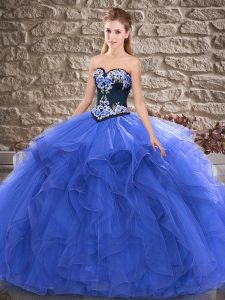 Blue Ball Gowns Tulle Sweetheart Sleeveless Beading and Embroidery Floor Length Lace Up 15th Birthday Dress