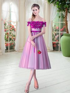 Rose Pink Sleeveless Appliques Tea Length Prom Gown