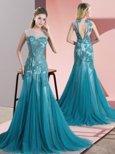Luxury Tulle Scoop Sleeveless Sweep Train Backless Beading and Appliques Prom Dresses in Teal