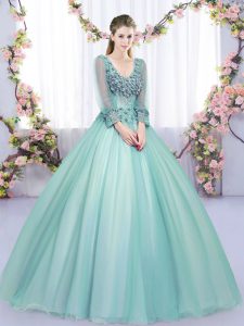 Fantastic Lace and Appliques 15th Birthday Dress Apple Green Lace Up Long Sleeves Floor Length