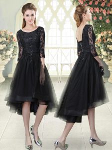 Exceptional Scoop Half Sleeves Lace Up Evening Dress Black Tulle