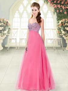 Hot Pink Tulle Lace Up Prom Gown Sleeveless Floor Length Beading