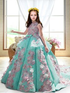 Latest Turquoise Ball Gowns High-neck Sleeveless Satin Court Train Backless Appliques Kids Pageant Dress