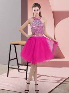 Hot Pink Halter Top Backless Beading Prom Evening Gown Sleeveless