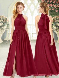 Empire Prom Gown Wine Red Halter Top Chiffon Sleeveless Ankle Length Zipper