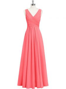 Stylish Sleeveless Floor Length Ruching Zipper Prom Party Dress with Watermelon Red