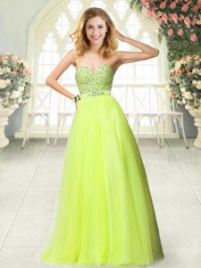 Fantastic Sweetheart Sleeveless Prom Party Dress Floor Length Beading Yellow Green Tulle