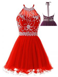 Sweet Red Halter Top Neckline Beading Prom Party Dress Sleeveless Backless