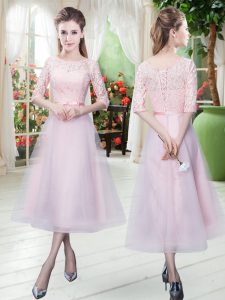 Custom Made Baby Pink Half Sleeves Ankle Length Belt Lace Up Prom Gown