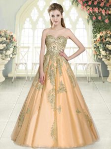 Enchanting Floor Length A-line Sleeveless Peach Prom Gown Lace Up