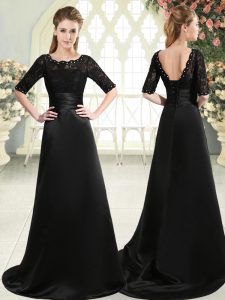 Black Half Sleeves Sweep Train Beading and Appliques Dress for Prom