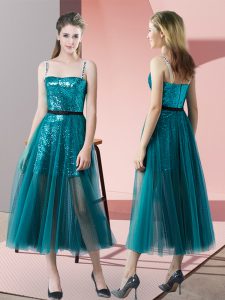 Sleeveless Tulle Tea Length Zipper Prom Evening Gown in Teal with Sequins