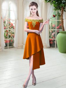 Off The Shoulder Sleeveless Prom Gown Asymmetrical Appliques Orange Satin