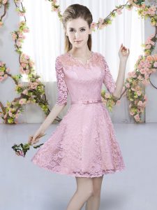 V-neck Half Sleeves Wedding Guest Dresses Mini Length Belt Pink Lace