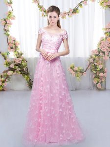 Flare Cap Sleeves Floor Length Appliques Lace Up Wedding Guest Dresses with Rose Pink