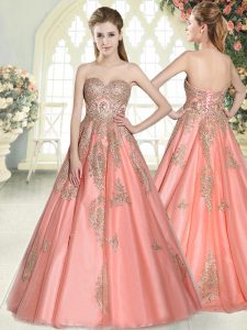 Watermelon Red A-line Tulle Sweetheart Sleeveless Appliques Floor Length Lace Up Prom Party Dress