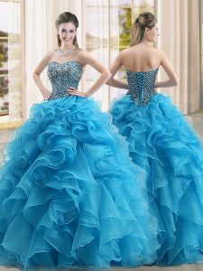 Baby Blue Ball Gowns Organza Sweetheart Sleeveless Beading and Ruffles Floor Length Lace Up 15 Quinceanera Dress