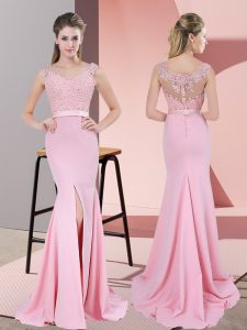 Beautiful Baby Pink Sleeveless Lace and Appliques Zipper Evening Gowns