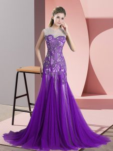 Sleeveless Sweep Train Backless Appliques Prom Dresses
