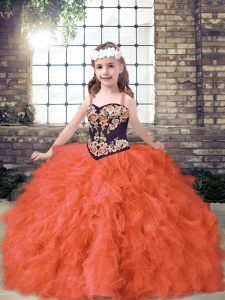 Orange Red Lace Up Little Girl Pageant Gowns Embroidery and Ruffles Sleeveless Floor Length