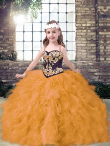 Gold Lace Up Little Girls Pageant Dress Wholesale Embroidery and Ruffles Sleeveless Floor Length