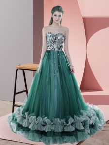 Sweetheart Sleeveless Tulle Dress for Prom Beading Sweep Train Lace Up