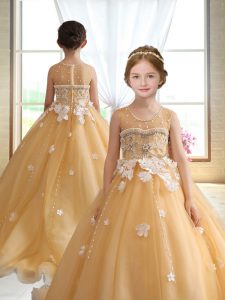 Perfect Beading and Appliques Little Girl Pageant Gowns Gold Zipper Sleeveless Brush Train