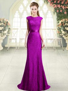 Eggplant Purple and Purple Sleeveless Sweep Train Backless Prom Dress for Prom and Party