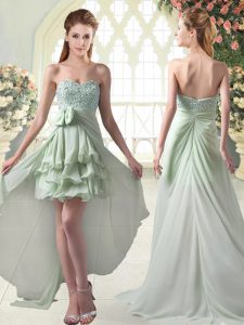Customized Apple Green Prom Gown Prom and Party with Beading and Ruffled Layers Sweetheart Sleeveless Zipper