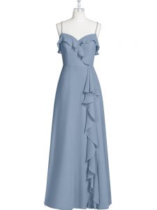 Exceptional Floor Length Blue Prom Dresses Chiffon Sleeveless Ruching