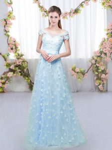 Elegant Blue Empire Tulle Off The Shoulder Cap Sleeves Appliques Floor Length Lace Up Dama Dress for Quinceanera