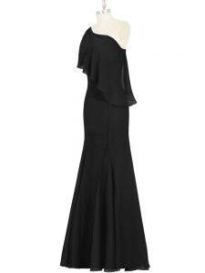Low Price Black One Shoulder Neckline Ruching Prom Gown Sleeveless Side Zipper