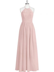 A-line Prom Dresses Baby Pink Halter Top Chiffon Sleeveless Floor Length Zipper