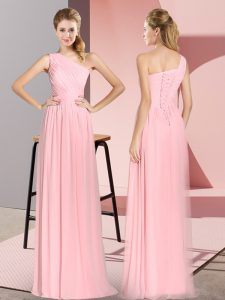 Empire Prom Party Dress Pink One Shoulder Chiffon Sleeveless Floor Length Lace Up