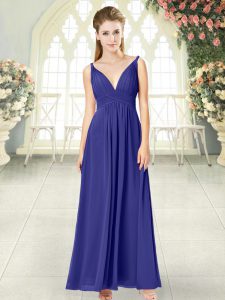 Sleeveless Chiffon Ankle Length Zipper Evening Dress in Blue with Ruching