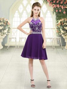 New Style Eggplant Purple A-line Chiffon Halter Top Sleeveless Beading Knee Length Zipper Dress for Prom