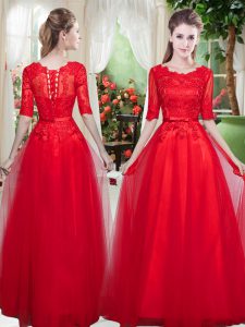 Lace Prom Evening Gown Red Lace Up Half Sleeves Floor Length