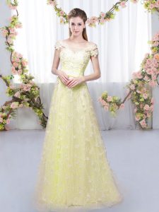 Floor Length Lace Up Quinceanera Court of Honor Dress Light Yellow for Prom and Party and Wedding Party with Appliques
