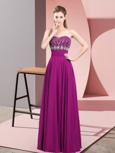 Floor Length Zipper Evening Outfits Fuchsia for Prom and Party and Military Ball with Beading and Ruching