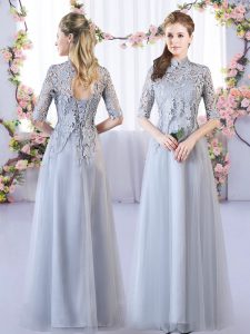 Floor Length Lace Up Quinceanera Court of Honor Dress Grey for Prom and Party and Wedding Party with Lace