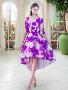 Eye-catching Scoop Half Sleeves Prom Dress High Low Belt White And Purple Lace