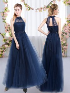 Fancy Tulle High-neck Sleeveless Lace Up Appliques Damas Dress in Navy Blue