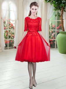 Luxurious Knee Length Empire Half Sleeves Red Prom Dresses Lace Up