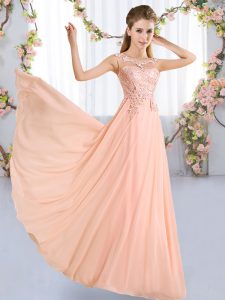 Empire Wedding Guest Dresses Peach Scoop Chiffon Sleeveless Floor Length Lace Up