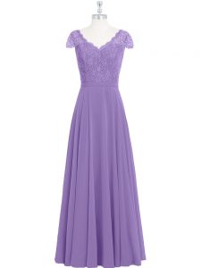 Hot Sale Empire Prom Evening Gown Lavender Scalloped Chiffon Cap Sleeves Floor Length Zipper