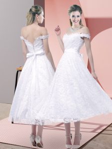 Perfect White Lace Criss Cross Strapless Sleeveless Tea Length Homecoming Dress Belt
